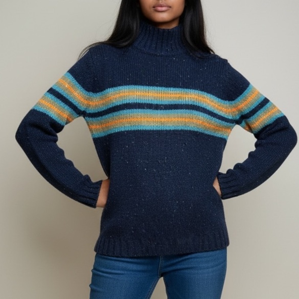 VTG J. CREW 100% Shetland Wool Black Stripe Mock Neck Sweater - Size S